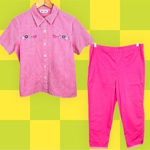 Blair Vintage 90s Gingham Floral Embroidered Picnic Cottagecore Pant Set Pink
